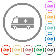 Flashing ambulance car side view flat icons with outlines