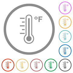 Fahrenheit thermometer warm temperature flat icons with outlines