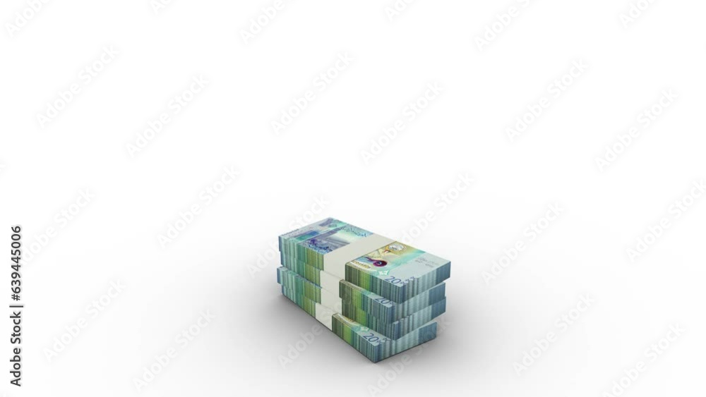 Poster 3d animation of stacks of 20 kuwaiti dinar notes rising up on greenscreen floor. you can key out or 