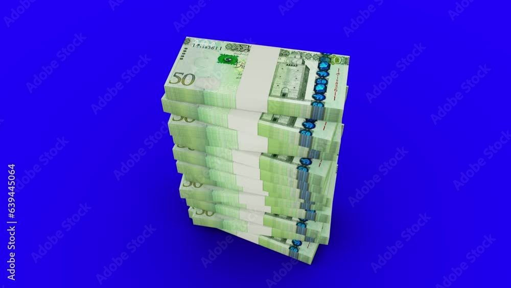 Poster 3d animation of stacks of libyan dinar notes falling on blue screen floor. you can key out or remove