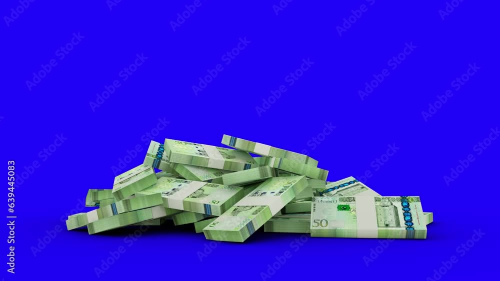 Poster 3d animation of stacks of libyan dinar notes falling on blue screen floor. you can key out or remove