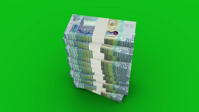 3d animation of stacks of 20 Kuwaiti dinar notes falling on greenscreen floor. You can Key out or remove background to replace with a custom one. 3d rendering