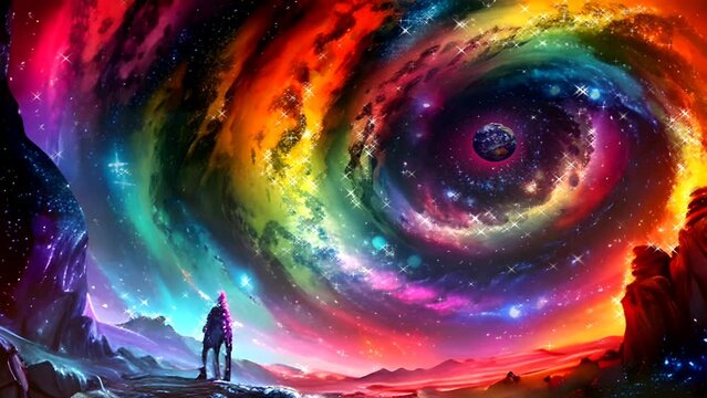 Exploration of magellanic cloud galaxies or nebulae in space. Fantasy landscape of colorful galaxy vortex. Seamless looping time lapse animated background