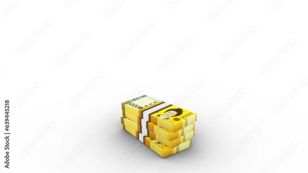 Poster 3d animation of stacks of 50000 south korean won notes rising on green screen floor. you can key out