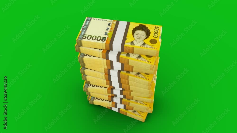 Poster 3d animation of stacks of 50000 south korean won notes falling on green screen floor. you can key ou