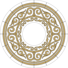 Vector gold stained glass window, Kazakh ornament. Drawing of nomads on glass. Template for a round ceiling with a chandelier in the middle..