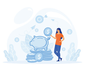 saving money concept, financial management, girl putting coin into piggy bank.  flat vector modern illustration