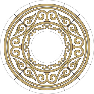 recommend clip art: Vector gold stained glass window, Kazakh ornament. Drawing of nomads on glass. Template for a round ceiling with a chandelier in the middle..