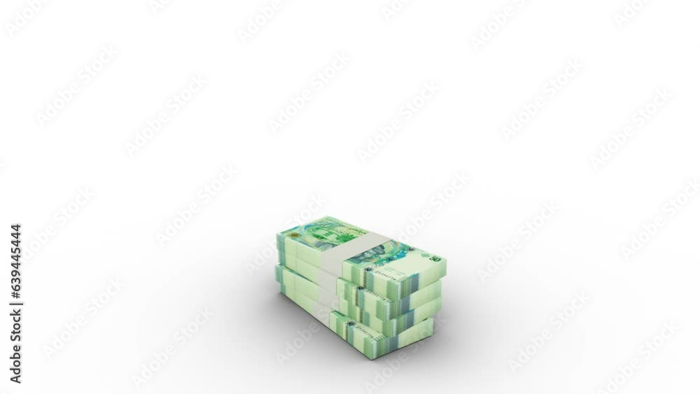 Poster 3d animation of stacks of 50 tunisian dinar notes rising up on blue screen floor. you can key out or