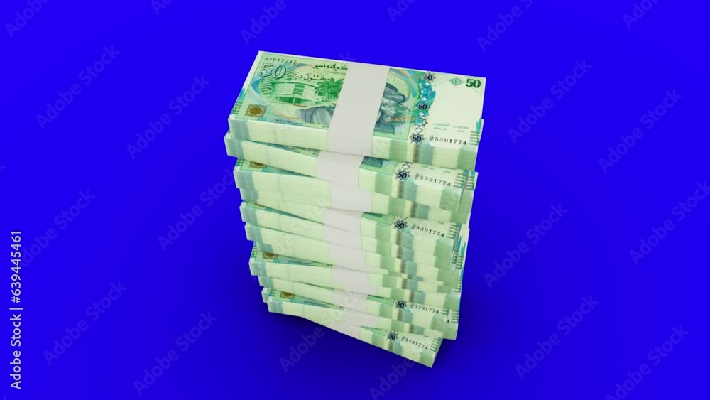 Poster 3d animation of stacks of 50 tunisian dinar notes falling on blue screen floor. you can key out or r