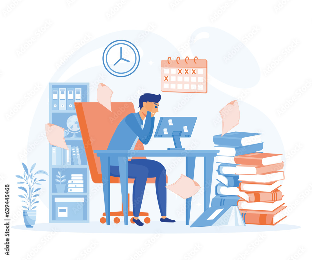 Poster man overworking in office, deadline illustration. manager sitting at computer desk with stacks of do