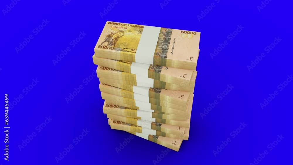 Poster 3d animation of stacks of 50000 ugandan shilling notes falling on blue screen floor. you can key out