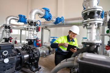 Maintenance engineers inspect the system of pumping stations and pipes delivering clean water and...
