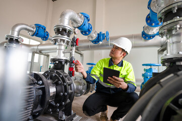 Maintenance engineers inspect the system of pumping stations and pipes delivering clean water and...