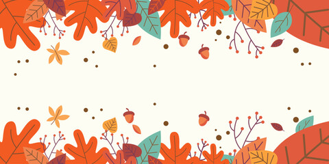 Hand drawn banner pattern with autumn leaves in retro color template. Vector illustration.