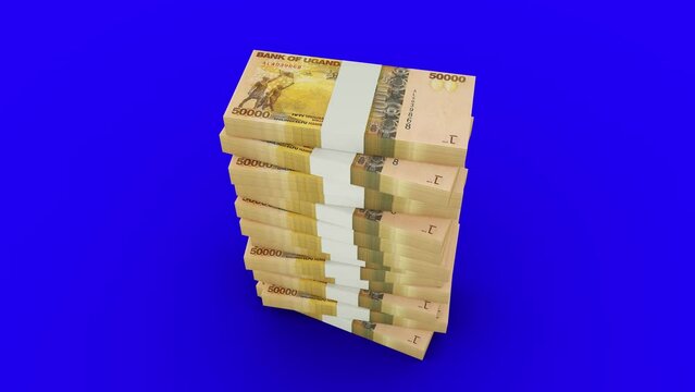 3d animation of stacks of 50000 Ugandan shilling notes falling on  blue screen floor. You can Key out or remove background to replace with a custom one. 3d rendering