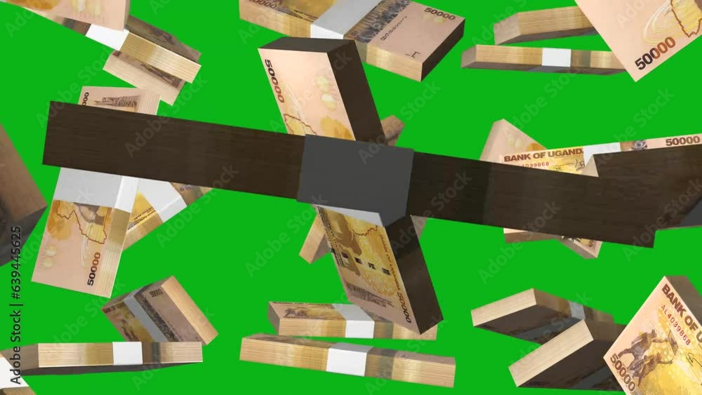 Aufkleber 3d animation of stacks of ugandan shilling notes falling in front of green screen background