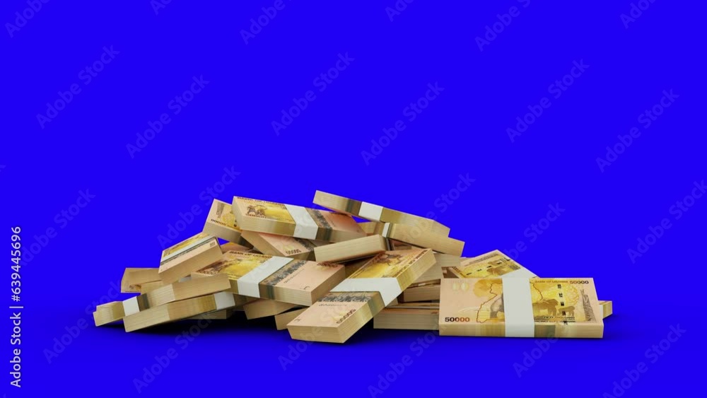 Poster 3d animation of stacks of 50000 ugandan shilling notes falling on blue screen floor. you can key out