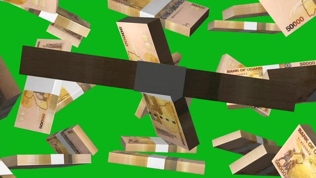 3D animation of stacks of Ugandan shilling notes falling in front of green screen background