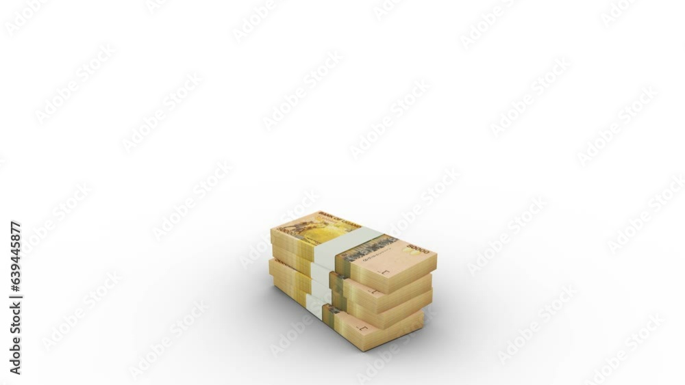 Poster 3d animation of stacks of 50000 ugandan shilling notes rising up on blue screen floor. you can key o