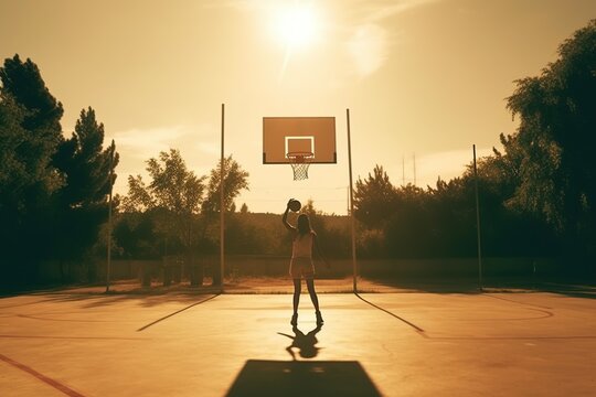 Ground level back view of anonymous female basketball player throwing ball in hoop on sports ground on sunny day