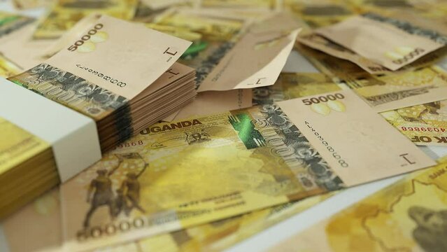 3D animation of Camera panning around spread Ugandan shilling notes. Camera moving around Scattered shilling notes on surface