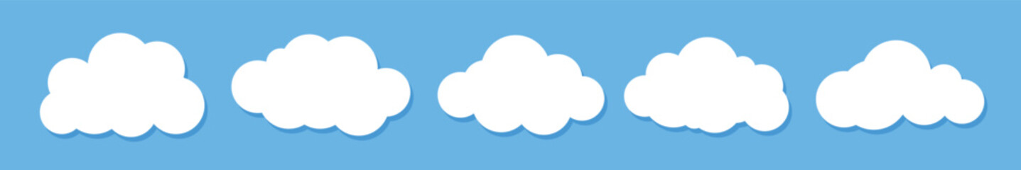  Cloud sticker clipart vector set, flat design. Cloud vector set. Different shape cartoon white clouds on blue background. Vector decoration element.