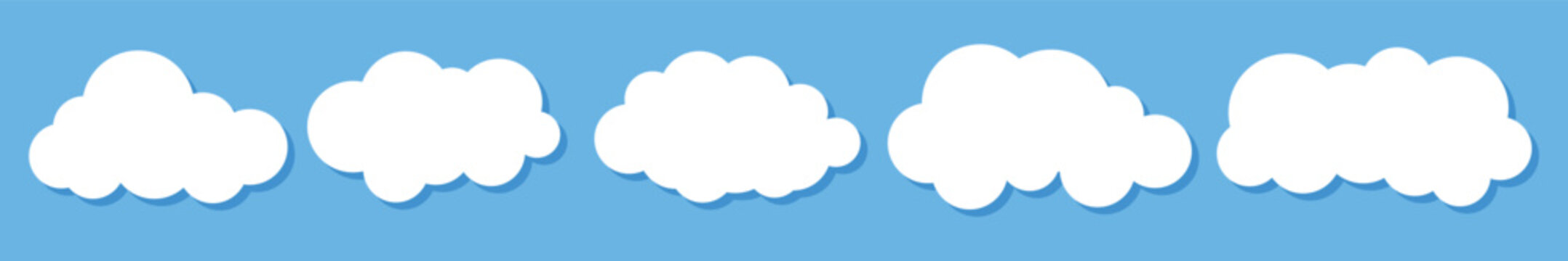 Cloud vector set. Different shape cartoon white clouds on blue background. Vector decoration element.
