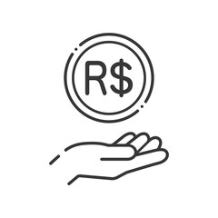 R$の文字が入ったシンプルなコインと人の手のアイコン- ブラジルのお金･レアルのイメージ
