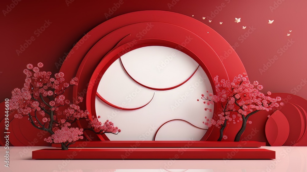 Poster abstract minimalistic red and white scene with geometric shapes. visualization ai
