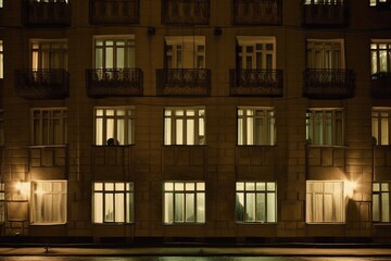 a streetlight-lit residential building's at night. contemporary building. Generative AI