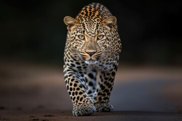 Gorgeous african leopard ambling around a field and tree-lined road. Generative AI