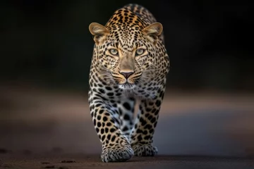 Gartenposter Gorgeous african leopard ambling around a field and tree-lined road. Generative AI © Vusal