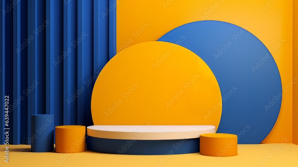 Poster abstract minimalistic blue and yellow scene with geometric shapes. visualization ai