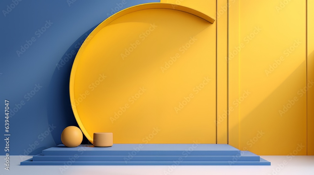 Poster abstract minimalistic blue and yellow scene with geometric shapes. visualization ai