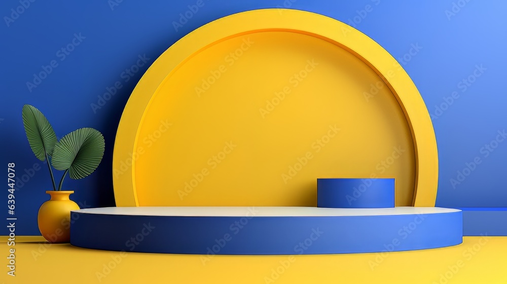 Poster abstract minimalistic blue and yellow scene with geometric shapes. visualization ai