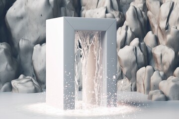 simple white podium with water and stones next to a white concrete wall. Generative AI