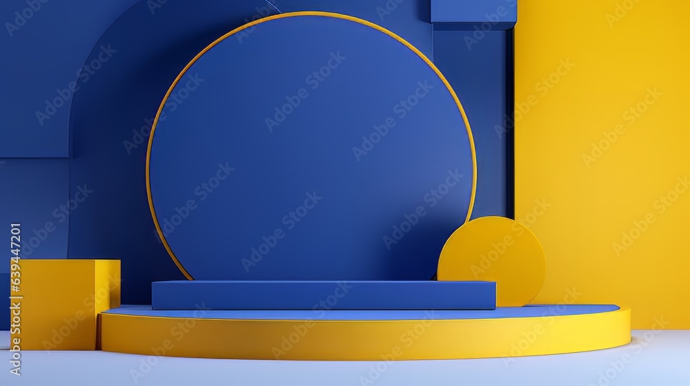 Poster abstract minimalistic blue and yellow scene with geometric shapes. visualization ai