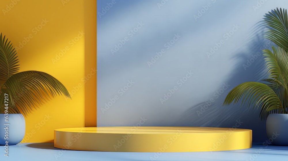 Poster abstract minimalistic blue and yellow scene with geometric shapes. visualization ai