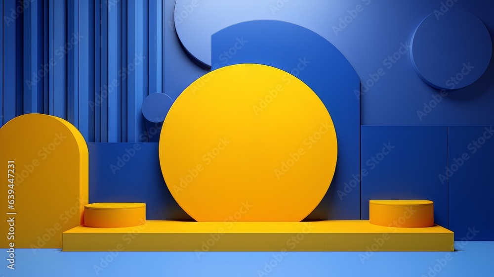 Poster abstract minimalistic blue and yellow scene with geometric shapes. visualization ai