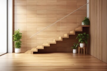 Modern interior scene and mockup with a corner staircase and a brown red bulb. Generative AI