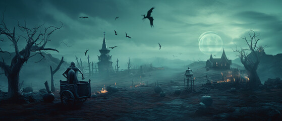 Fototapeta premium Colorful background of Halloween collection through a misty sky, in the style of light cyan and dark violet, Created with generative AI tools.