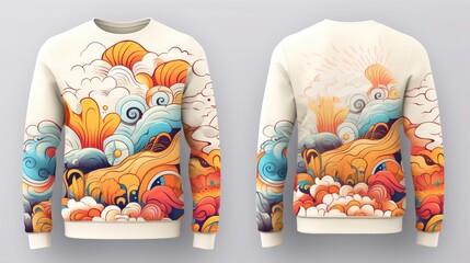  a colorful design and clouds sweater, in the style of abstract and conceptual sketches, naturalistic ocean waves, sumi-e style, realistic and hyper-detailed renderings, furaffinity