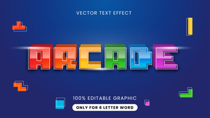 arcade text effect design. Pixelated and colorful letter effect. 3d game retro theme text effect. Editable and scalable graphic.