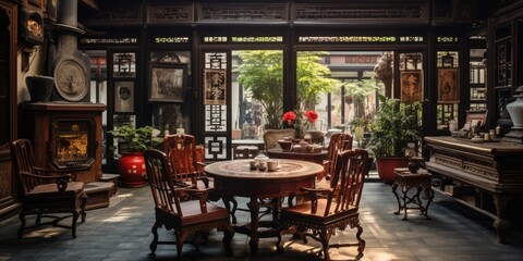 illustration of a traditional Chinese teahouse, generative AI - obrazy, fototapety, plakaty