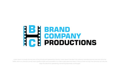 film production logo. combination initial B, C, and film strip in blue and black color