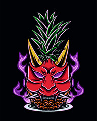 Vector graphic illustration of a pineapple wearing an oni mask on a plate with a purple flame effect suitable for t shirt design