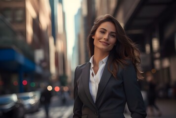 business woman proudly and enthusiatically looking at her future as her success is imminent