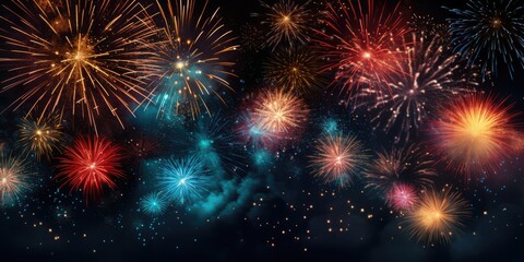 Fototapeta premium illustration of vibrant fireworks against the dark night sky, generative AI