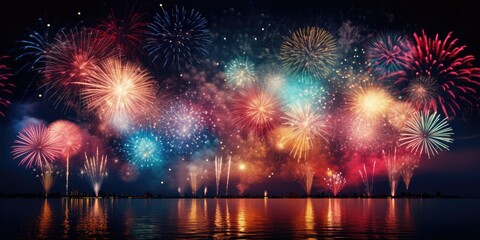 illustration of vibrant fireworks against the dark night sky, generative AI - obrazy, fototapety, plakaty